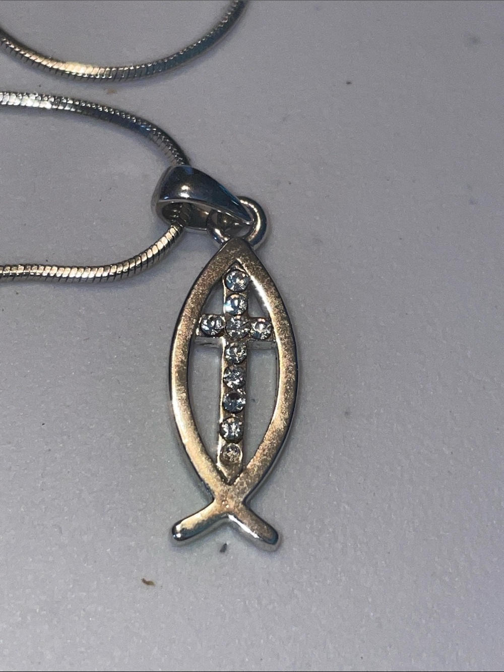 Sterling-Color Fish Pendant Necklace with Crystal Accent